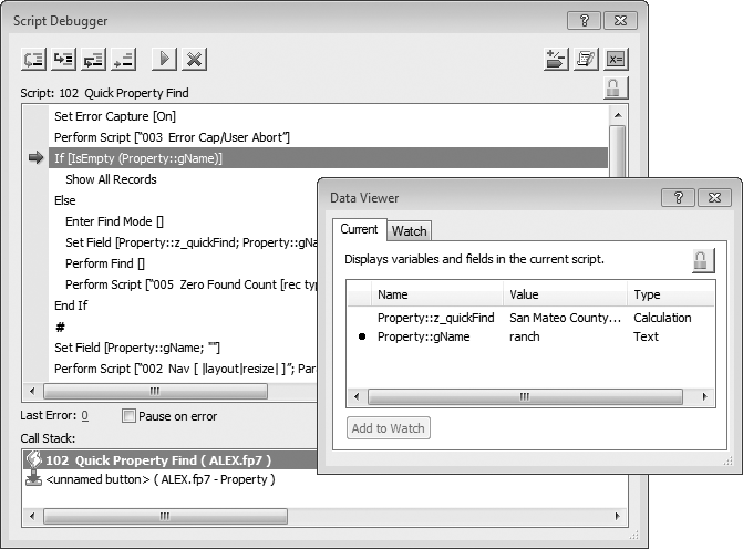 As you step through your script in the Script Debugger, the Data Viewer keeps its list of fields up to date. A little black dot appears next to any fields referenced in the current script step. You can take note of their values before moving on.