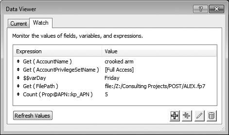 The Data Viewer's Watch tab shows what you want to watch. You load it up with various calculation expressions, and it keeps tabs on their results for you. If you want to see a field value, then just put the field all by itself in the expression. Variables work the same way. But unlike the Current tab, you can even put variables and complex calculations here, and watch them as things change. In this window, the fourth line calculates the path to the file currently in use. Switch to a different file and the path will automatically update to the current file's path.