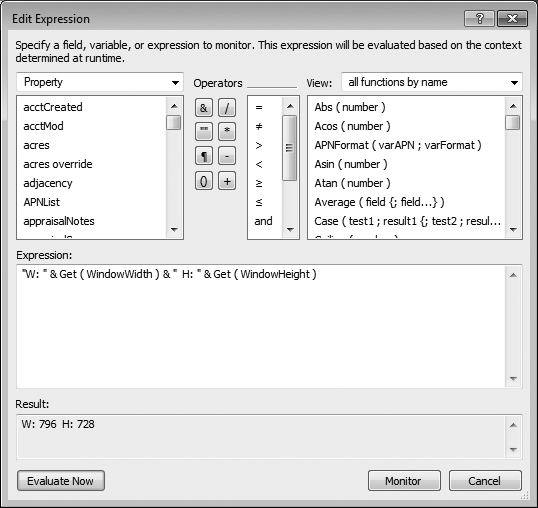 The Data Viewer's Edit Expression window should look familiar—it's almost an exact replica of the Specify Calculation window. But this version can run the calculation in place and show you the result (just click Evaluate Now).