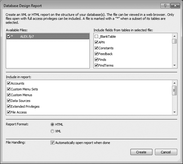 The Database Design Report dialog box lets you tell FileMaker exactly what to include in the report. First, pick from among the open files. When you select one, all its tables appear to the right. Below these, you can decide what other elements you want to report on. Finally, you can opt for an HTML or XML report, and ask FileMaker to open it for you when it's done.