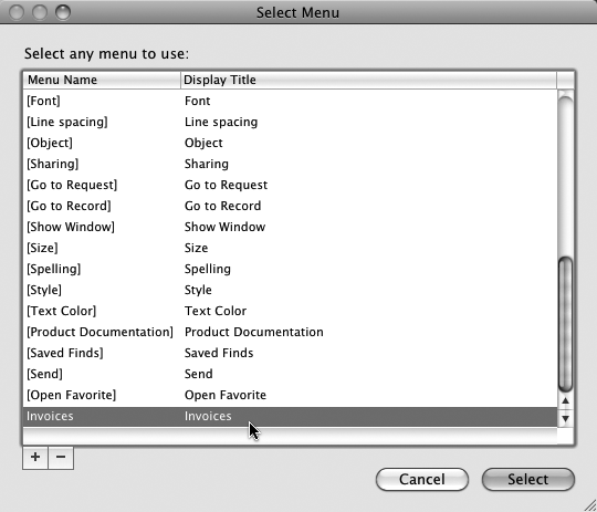 When you select a menu to add to your custom menu set, FileMaker's built-in (and unchangeable) menus appear in square brackets: [ ]. Custom menus are unencumbered.