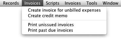 This custom menu has two menu items for creating invoices and two for printing with a separator between them. The separator appears as a row of hyphens in the Edit Custom Menu dialog box, but it appears in the actual menu as a clean horizontal line.