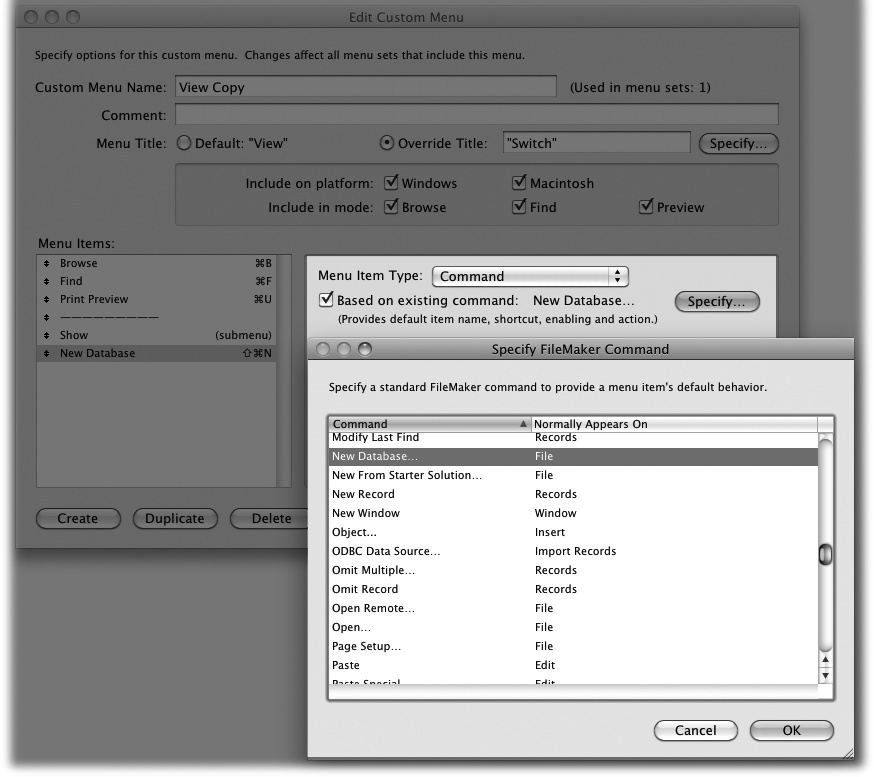 The Specify FileMaker Command dialog box (front) automatically pops up when you turn on "Based on existing command" (highlighted in the background) in the Edit Custom Menu dialog box.