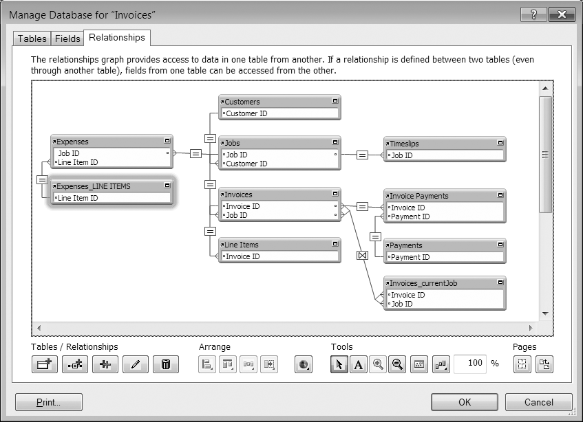 The new occurrence of the Line Item table connects directly to the Expenses table. Two paths go from Expenses TO to the Line Items table, but because the TOs are named differently, FileMaker knows exactly which path to take to retrieve the records you need. The plain-Jane Line Items TO sits below the Invoices TO to make that relationship more clear. The new Expenses_LINE ITEMS TO is below the Expenses TO, again signifying its relationship to its "parent" table.