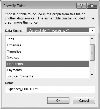 The Specify Table box lets you tell FileMaker what table to use when you make a new table occurrence. You also get to give the new occurrence a name. When you name a new table occurrence, the goal is to help you remember the source table for the new table occurrence. The new TO's name is Expenses_LINE ITEMS. The "Expenses" part of the name tells you why you made the new TO—to help tie invoice line items to the proper expense records. "LINE ITEMS" is in all caps, so you can remember that the new TO comes from the Line Items table.