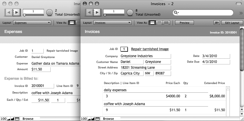 To the left is the Expenses layout, where you can enter data about each expense you incur and assign it to a Job with a Job ID. Then, after you create an invoice record and bill for the expense, you use the Invoices layout (shown on the right) to find the Line Item ID. When you enter that number in the Expenses::Line Item ID field, the Line Item data appears on the Expenses layout.