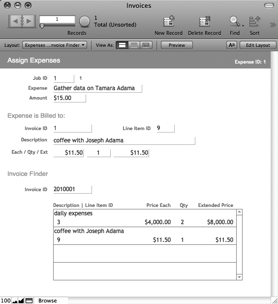 This layout provides a nice interface for assigning line items to an expense. First, you enter an Invoice ID into a global field. Then the invoice's line items show up in a portal that shows you the data you need to choose the proper Line Item record to assign to each Expense record. As before, when you type a Line Item ID, you see the Description, Price Each, Quantity, and Extended Price that was invoiced for the Expense.