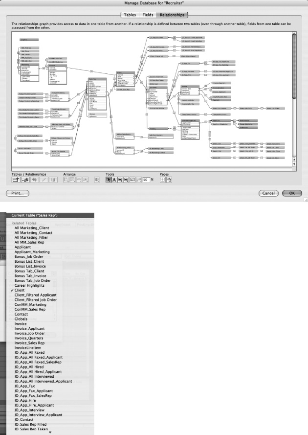 You don't even need to be able to read the TO names in this Relationships graph (top) to see how quickly good databases become the stuff of nightmares. This database only has 19 tables, but there are nearly 100 TOs on the graph and they're all connected in a single group. If you had to tweak this database after a long absence, it could take a while to find the TO you need, and then recreate the logic you used to assemble the thing. You can't even see the whole graph at full size, so you have to either limit yourself to viewing a portion of the graph at a time, or zoom so far out that you can't read the TO names and field list. There are several spots in FileMaker that contain menus listing all your TOs. Although these TOs are named reasonably well (bottom), so that TOs that work together are grouped together alphabetically, they won't fit on the screen without scrolling. This menu is a pain to use.