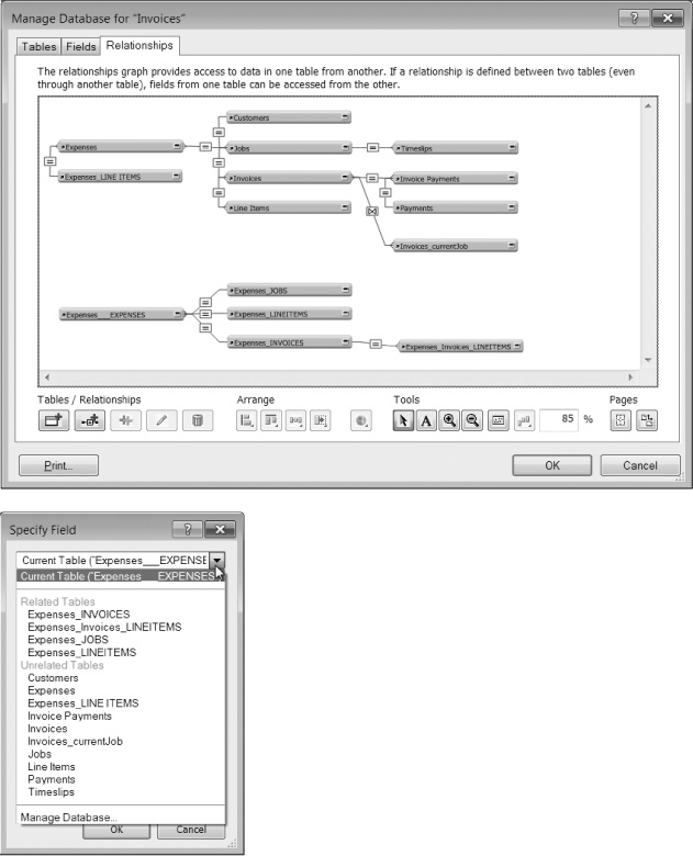 Here's what your graph looks like if you create separate table occurrence groups for your new Assign Expenses process (top). Each TOG handles a new set of data entry and management tasks. The top group is the main one, and it still resembles your ER diagram (page 191). The bottom TOG is the one you'll create for your Assign Expenses layout. More TOs can actually reduce the overall confusion because now they aren't lumped together in a long list, as in the Specify Field dialog box (bottom). They're grouped by Related and Unrelated Tables (note though, that this menu should really refer to "Table Occurrences" and not "Tables").