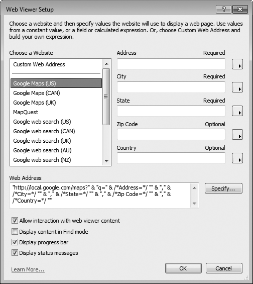 The Web Viewer Setup dialog box has a lot of options. First, from the list on the left, pick the website you want to show. Then fill in the appropriate boxes on the right. If you choose Custom Web Address, then, at the bottom of the window, you can use the Web Address box to type any URL you want.