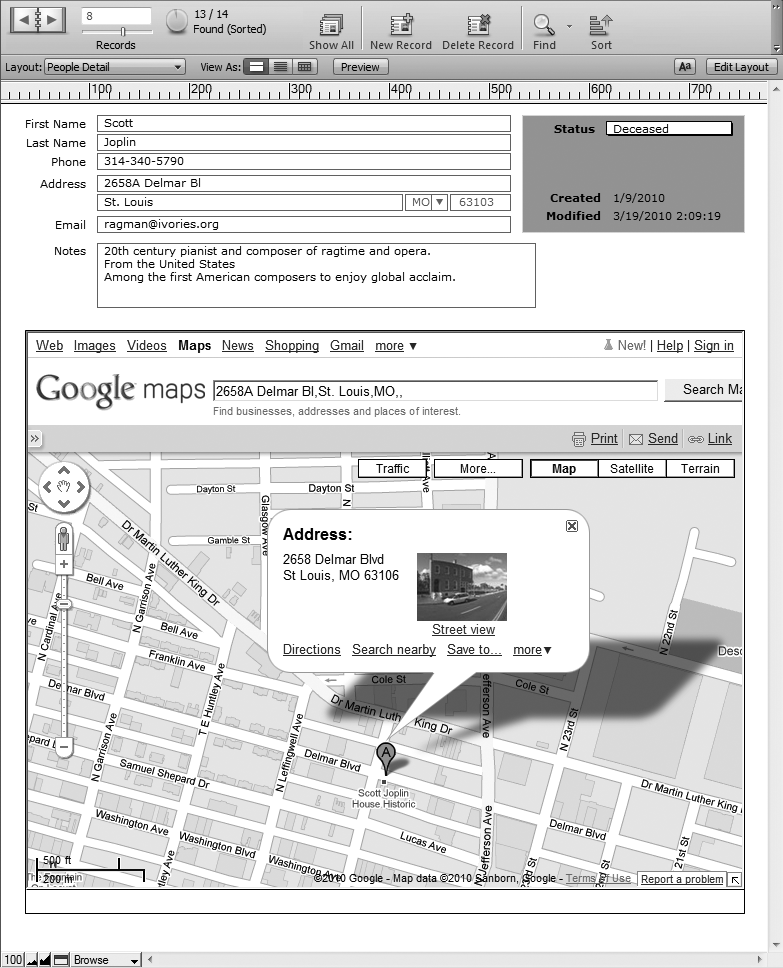 The People database now has a Google Maps web page showing right on the detail layout. FileMaker's web viewer lets you embed any web page on the layout, so you can save countless trips to your favorite web resources. Unfortunately, web pages tend to be big. You'll learn how to give this map more breathing room without investing in a 30-inch screen on page 618.