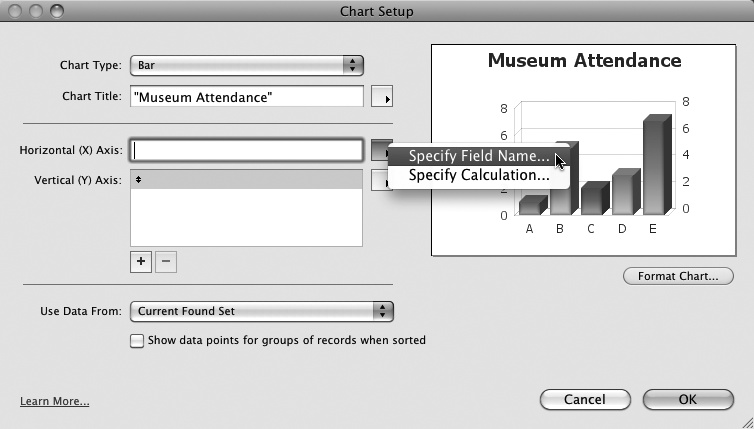 The axes of a chart can draw their data from a particular field as shown here, or from a calculation you construct.