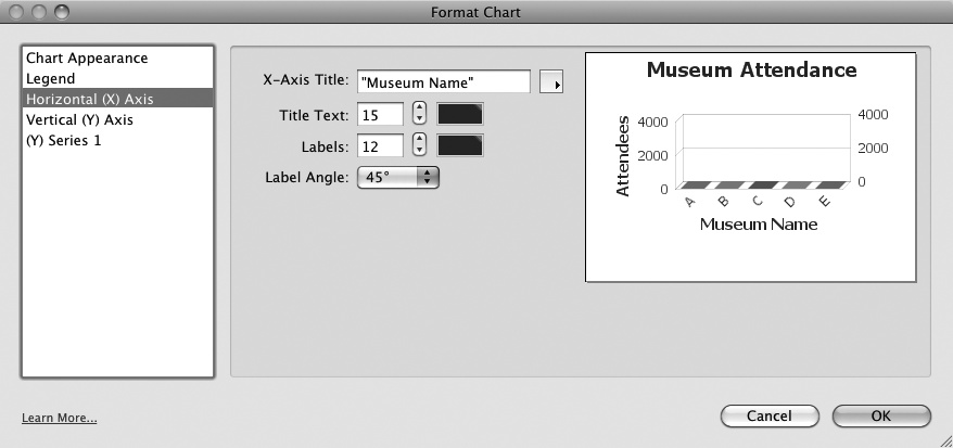 The Format Chart dialog box is where the real magic happens. Essential components of a well-made chart like axis titles for xy charts and series legends for pie charts are configured here.