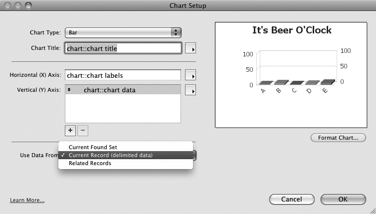 The Use Data From pop-up menu is where you can configure your chart to draw from the current found set of records, lists of data in the current record, or records from a related table.