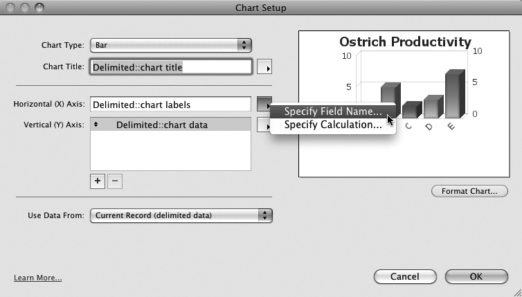 The mechanics of charting delimited data isn't all that different from a chart based on records. The salient difference is that the fields or calculations specified here must be a list of values separated by returns.