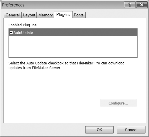 In FileMaker's Preferences window, The Plug-ins tab shows you the configurable plug-ins you've installed. (Some plug-ins, like the Web plug-in, aren't configurable, so they don't show up in this list.) Disable a plug-in by turning off the checkbox by its name. If a plug-in requires any configuration, select it in the list, and then click Configure. When you have a plug-in selected, you see a description of it below the list.