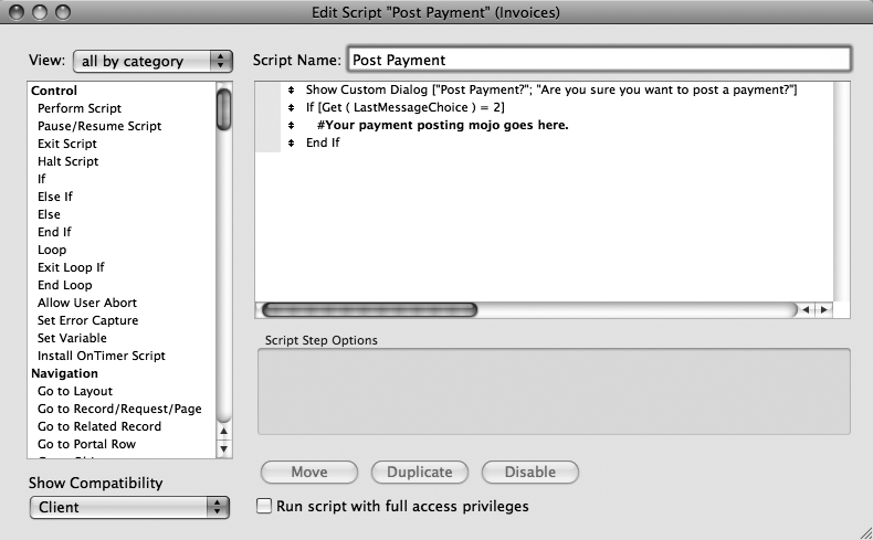 This script asks a question using a Show Custom Dialog step, then an If statement with a Get (LastMessageChoice) function decides what to do. If someone clicks Post, then the function result is 2, and the script does whatever magic you create between the If statements. To give users two choices, plus a Cancel button, then your script needs an If statement that checks for a value of "2" and an Else If that checks for a value of "3."