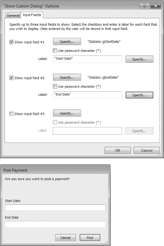 Top: The Input Fields tab lets you add fields to a custom dialog box so users can supply more information than they could just by clicking a button. You can use input fields for actual data input into the current record, or as shown here, into global fields for use later. For instance, you might script a Find that sets fields in Find Mode using the values users enter into the custom dialog box.Bottom: Here's the dialog box people see when the script runs. The default button (this one says "Find") isn't the Cancel button, as is normal best practice. That's because FileMaker moves data from the dialog box to the specified fields only when the default button is clicked. The other two buttons dump the data from the dialog box, so most of the time you'll just use the default button and button 2, which should let your user cancel data entry and the script.