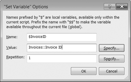 The "Set Variable" Options dialog box lets you create a variable by giving it a name and assigning it a value. You might create a variable like this one to hold an Invoice ID while a script goes to an Invoice Line Item layout and creates a new line item tied to the current invoice.Since you can use variables inside calculations, their naming rules are similar to those of field names. Don't use characters like a comma, +, -, *, or any other symbol that has a mathematical meaning and might confuse a calculation.