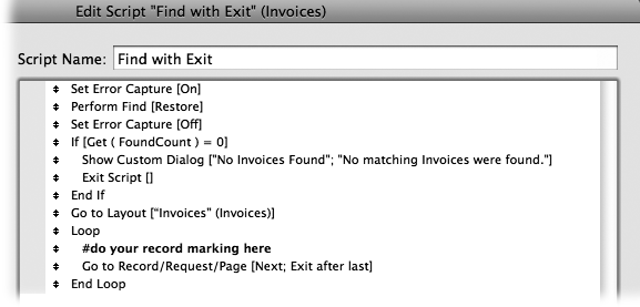 This script turns error capture on, and then performs a find. That way, if the find fails, the script doesn't produce an error message. The script itself handles the error by checking for no found records in the If step, and then displays a more helpful, customized error message if an error did occur.