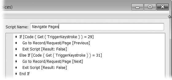 This script checks for the key that was pressed (it's looking for the Up and Down arrow keys only) and navigates records appropriately if it detects one. Since the arrow keys already do something in Preview mode (they scroll the page up or down a bit), each test has an Exit Script step with the result of False. The Exit steps tell FileMaker to skip the normal behavior and let the scripted behavior take over. Without the Exit steps, both actions would happen.