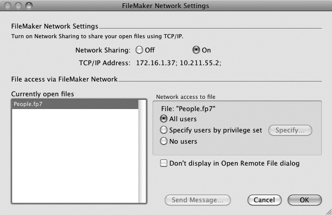 The FileMaker Network Settings dialog box lets you set up your database host. The first step is to turn on the Network Sharing option by clicking the On radio button. When you do, FileMaker shows the computer's TCP/IP address, if it's connected to the network. (If you don't see a valid TCP/IP address, then you may have network problems.)