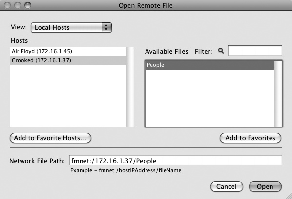 The Open Remote File dialog box lets you find files that are shared on the network. This box lists all the hosts it can find in the Hosts list. Select a host to see all the available files in the list to the right. If you like the typing thing, then in the Network File Path box, you can enter exactly what FileMaker needs.