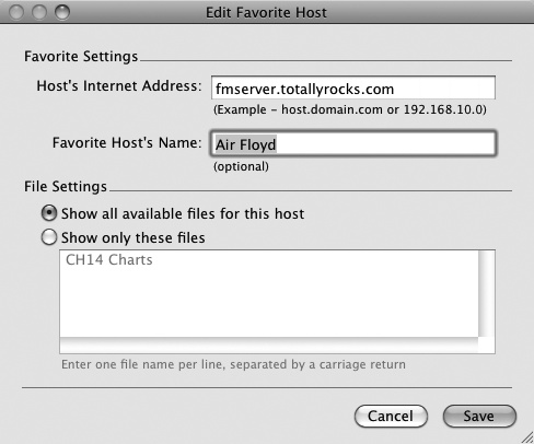 In the Favorite Hosts list, when you add (or edit) a host, FileMaker shows this window. In the first box, type the host computer's address. You can use the IP address, or, if the computer has a name (like filemaker.mycompany.com), then you can type that instead. Next, in the Favorite Host's Name box, give it any descriptive name you want. Normally FileMaker shows every visible database from a host. You can enter specific database names if you want, though (if you routinely use just one database from a host with dozens, say). Just turn on "Show only these files", and then, in the big box below it, type one name on each line.