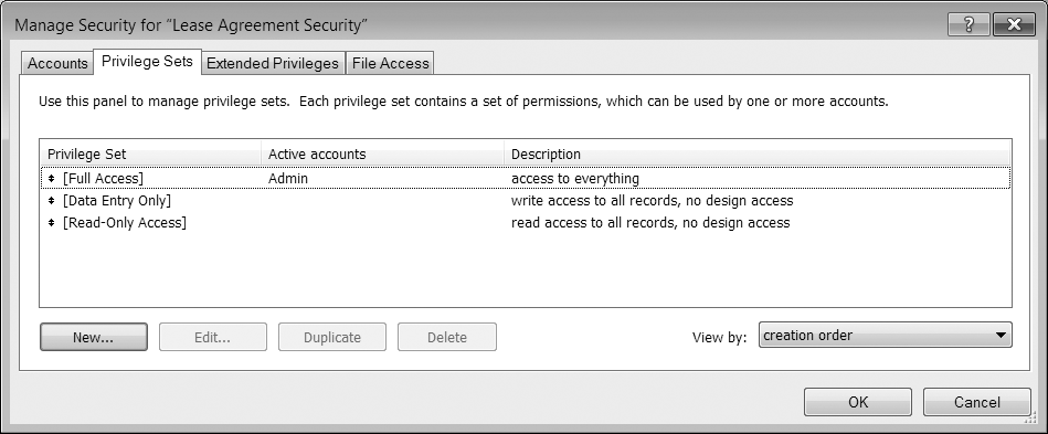 The Privilege Sets tab of the Manage Security dialog box lists all the privilege sets in your database. Each privilege set has a name (in the Privilege Set column) and a description. The list also shows you all the accounts assigned each privilege set. Out of the box, only the [Full Access] privilege set is being used—by the Admin account.