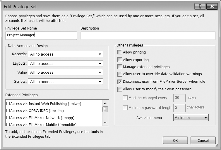 When you create a new privilege set, you see FileMaker's granularity of control in action. Notice how many things aren't turned on, or say "All no access". You set each privilege one by one, until you've built up a set that's appropriate for the kind of user you have in mind—in this case, a Project Manager.