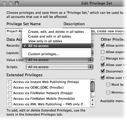 Here you see the Records pop-up menu in the Edit Privilege Set window. Like privilege sets themselves, you get a few canned choices, the default no access option and a custom privileges dialog box. Often, one of the canned choices work just fine, but for the utmost control—like letting people see only the records they've created themselves—you have to dive into custom privileges.