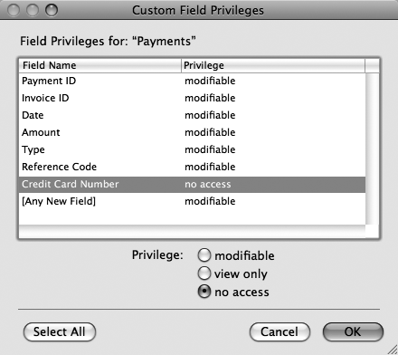 The Custom Field Privileges window lets you control access to individual fields. Select the fields you want to change, and then select one of the Privilege radio buttons. FileMaker dutifully changes every selected field accordingly. Click Select All to quickly select every field.