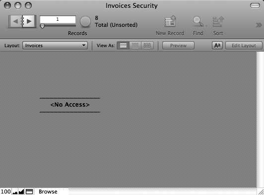 When people try to view a layout they don't have access to, this blank screen is what they see. FileMaker tries hard to avoid this situation, though; if you haven't already removed the layouts the user can't access from the Layouts pop-up menu, it removes them for you. But your scripts can still put users somewhere they don't belong. And in this case, they don't have access to any layout, so FileMaker doesn't have much choice but to show this message.