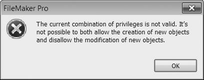 If you select "Allow creation of new layouts" without making new layouts modifiable, then FileMaker complains that it doesn't make sense to let someone make a new layout she can't edit. You can't close the window until the privileges do match one another. Either turn off "Allow creation of new layouts" or make [Any New Layout] modifiable.