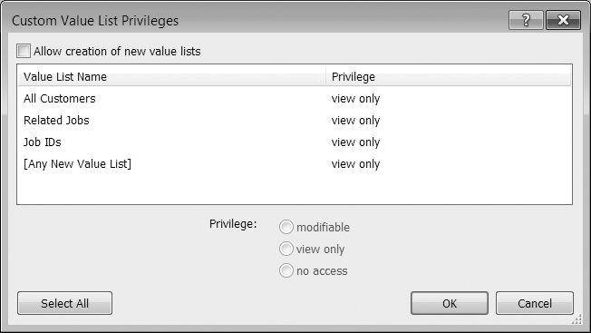 The Custom Value List Privileges window is even simpler than the Custom Layout Privileges version. It works just like the others: Select a value list or two, and then choose a privilege as appropriate.