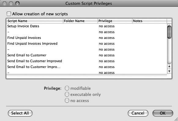 The Folder Name column refers to the organizer folders you can create in the Manage Script window (page 416). The Notes column tells you when a script is set to "Run with full access privileges". You'll learn about this later in this chapter.