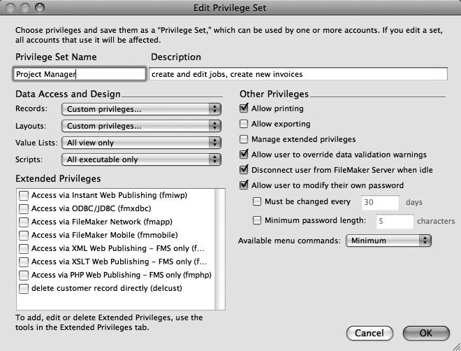 When your privilege set is finished, it looks like this. You have so much detail there that you can't see all your settings in one screen, but the "…" in the Records and Layouts pop-up menus lets you know there's more detail to be seen if you need it. Just choose the appropriate pop-up menu if you need to review or edit.