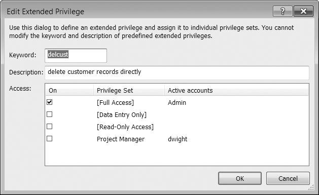 The Edit Extended Privilege window lets you give your extended privilege a keyword and a description. The description should say what the extended privilege is for. The keyword can be anything you want; it's what you'll look for in your scripts, so if you change it later, the script may break. Activate an extended privilege by clicking the checkboxes.