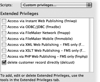 The list of extended privileges in the Edit Privilege Set window shows every extended privilege in the database, each with a checkbox beside it. If you turn one of these checkboxes on, then you're giving this privilege set access to everything controlled by that extended privilege.