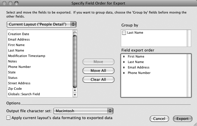 When FileMaker exports the data, it includes each field in right-hand list in the export file. The order of the fields in this list determines their order in the export file, and you can change it by dragging fields up or down in the list. To add every field in the field list to the export order list, click Move All. Likewise, to remove all fields from the export order, click Clear All.