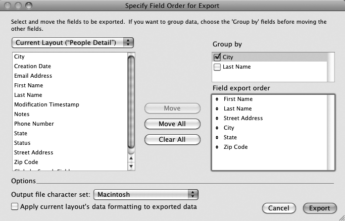 When your data is sorted, FileMaker shows the sort fields in the "Group by" list. By turning on one or more of these checkboxes, you tell FileMaker you want to group the data in the export file.