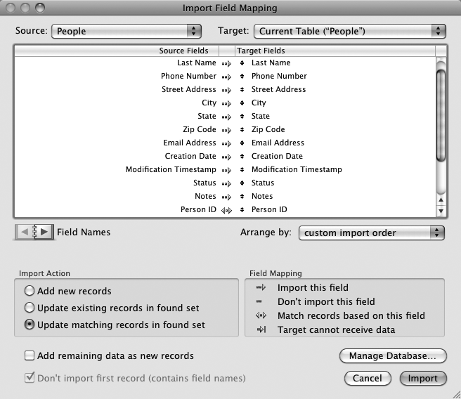 When you turn on "Update matching records in found set" FileMaker lets you use a new symbol between source and target fields. Person ID at the bottom of the list has a "<->" symbol beside it. This symbol tells FileMaker to match records based on ID. In other words, when it imports the first record, it finds a record in the found set with the same ID. FileMaker then updates that record's data based on the import file. If FileMaker doesn't find a match, it skips the import record. It's safest to use a key field for import matching.