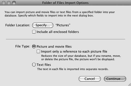 This window is what you see when you choose the File→Import→Folder command. In the top part of the "Folder of Files Import Options" window, you get to choose which folder to import (click Specify). In the bottom half, you decide what kind of files you're interested in.