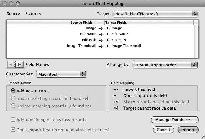 When you import a folder full of pictures, FileMaker practically reads your mind. It not only lets you dump the picture into a container field, but it also offers you the chance to put the file name and full path into text fields. Best of all, FileMaker can shrink the picture down to a thumbnail and put that into a container field, too, which saves space by reducing size and resolution. The thumbnails appear even when the original images aren't available (if a network drive is unavailable, for instance).