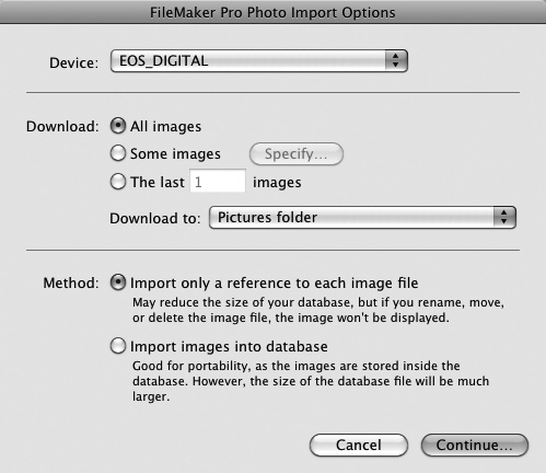 This dialog box appears when you import from a digital camera in Mac OS X. The device pop-up menu lets you pick which camera to import from (on the off chance you have several connected). You also get to decide which images to import, where to put them (more on these options in a moment), and whether or not you want to store just references to the pictures.