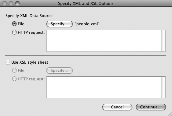 When you import from an XML data source, FileMaker first asks you where to get the data from, and how to process it. You can instruct FileMaker to look in any XML file on your computer, or to fetch the XML data from a web server (see the box on the next page).