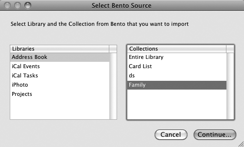 The Bento Data Source import option lets you take information from any of your Bento libraries. Just choose the library you want from the left-hand list. If that library has collections, they appear in the list on the right. There's also an Entire Library option.