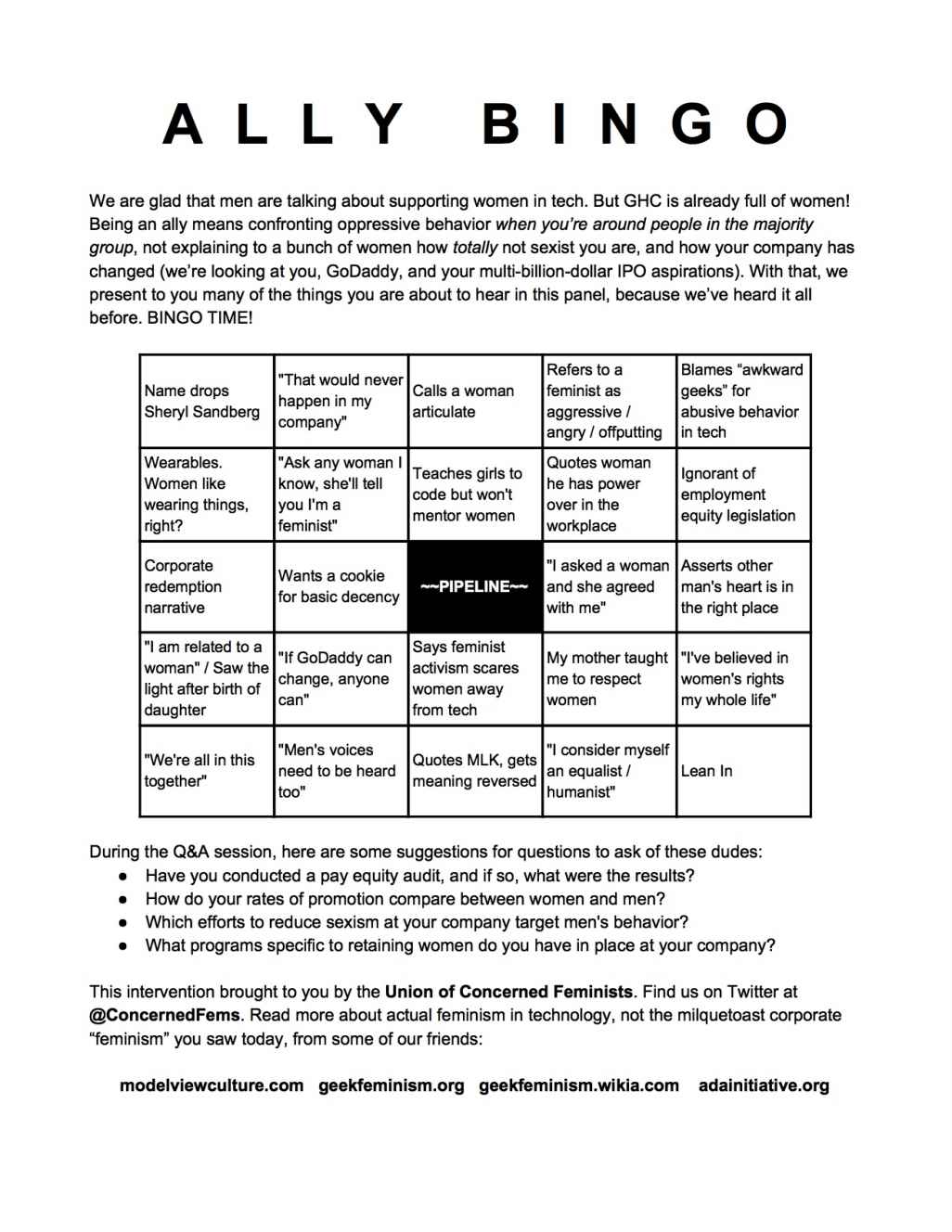 Ally Bingo card, with central square reading “Pipeline” and other squares with “Name drops Sheryl Sandberg” and "That would never happen in my company" and “ Saw the light after birth of daughter” along with other phrases.