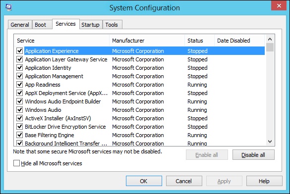 To troubleshoot problems with Windows services, use the options on the Services tab.