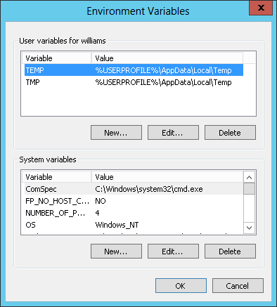 The Environment Variables dialog box lets you configure system and user environment variables.